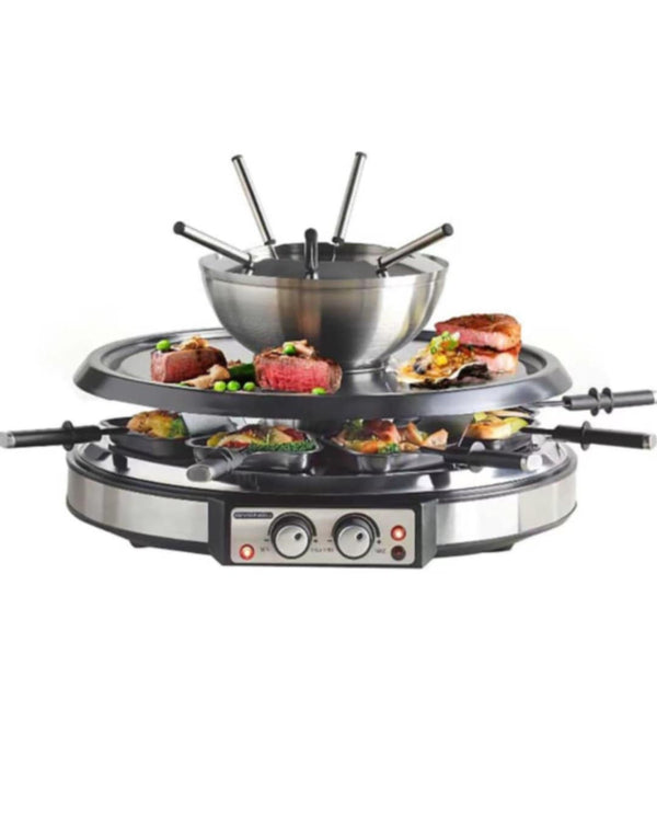 Electric Fondue Pot Sets with Barbecue Grill, 600ml Fondue Pot with 8 Forks and Electric Raclette, Dual Adjustable Thermostats, Perfect Fondue Grill Combo for Family Fun