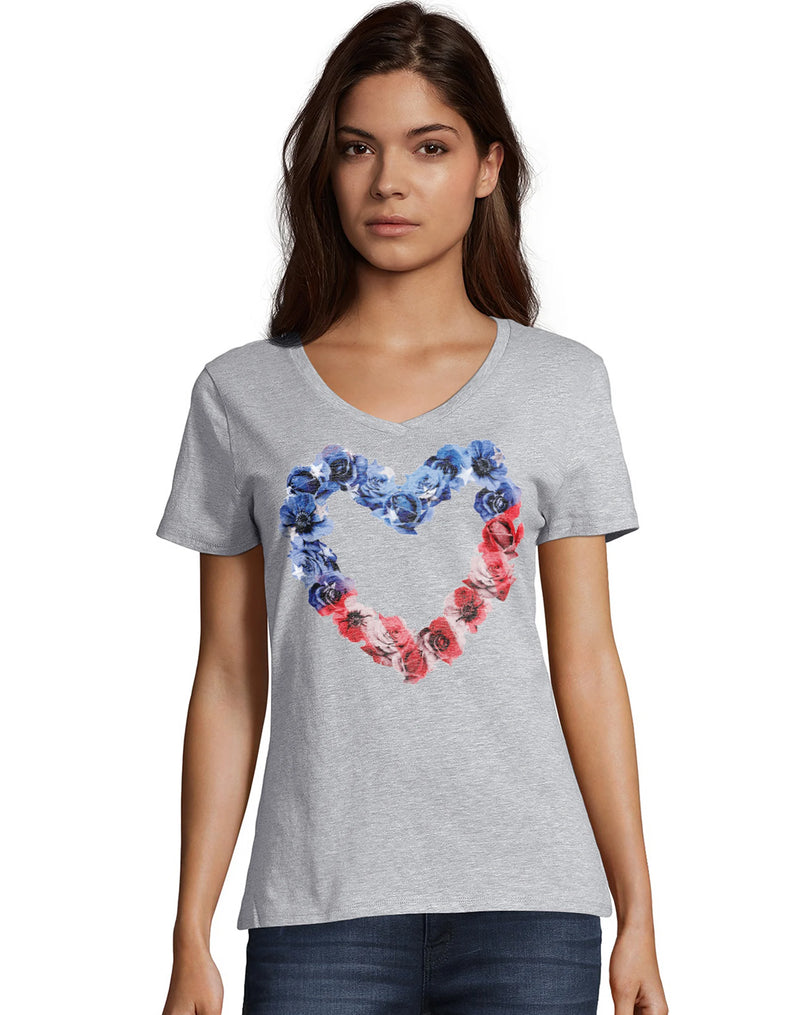 Hanes Women's Stars & Stripes Floral Heart Short-Sleeve V-Neck Graphic Tee Heart/Light Steel