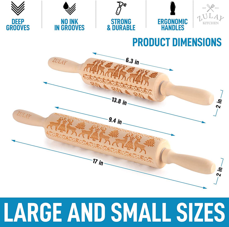 Zulay Kitchen Set of 2 Embossed Rolling Pin - Wood Carved Large & Small with Deep Engraved Patterns