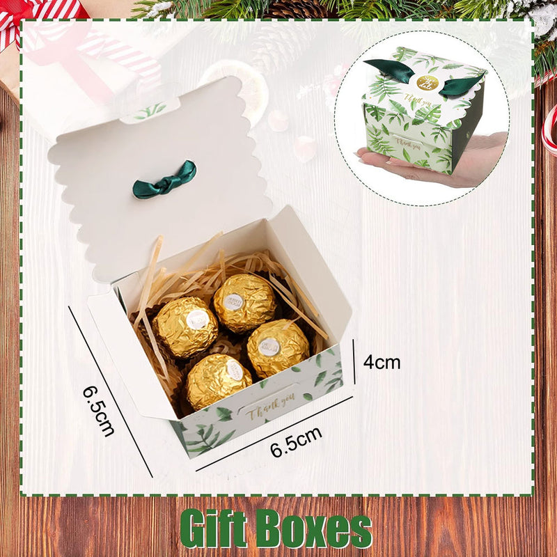 50Pcs Candy Favor Boxes Christmas Gift Boxes Square Box with Green Ribbon (Green Leaves)