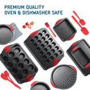 Nonstick Bakeware Set - 15 PC Baking Tray Set With Silicone Handles & Utensils - Baking Pans, Black