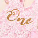 IBTOM CASTLE Baby Girl 1st Birthday Outfit Lace Tulle Romper Princess Tutu Dress Headband Shiny One Cake Smash Photo Shoot Clothes 12-18 Months Pink