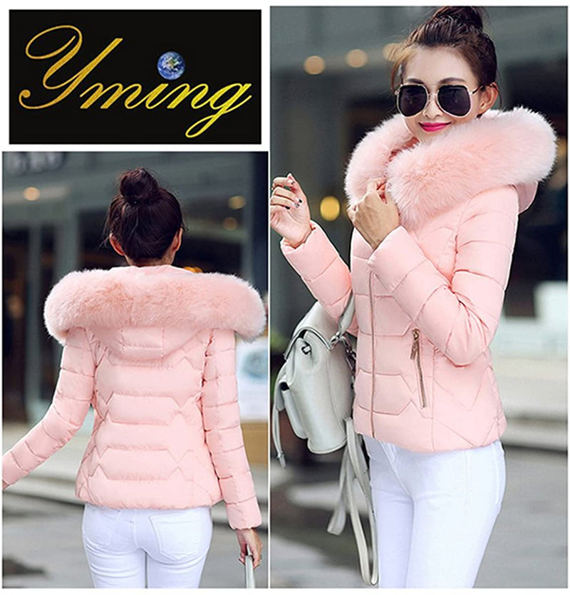 Women Winter Down Cotton Coat Quilted Parka Jacket with Faux Fur Hood