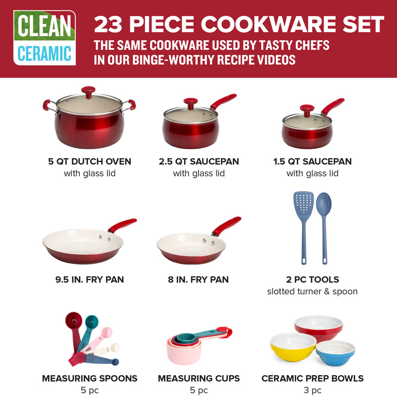 Tasty Clean Ceramic 23 Piece Non-Stick Aluminum Cookware Set, Red