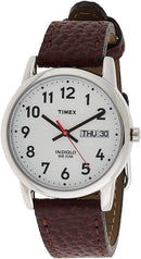 Timex Men's Easy Reader 35mm Day-Date Watch – Silver-Tone Case White Dial with Dark Brown Leather Strap