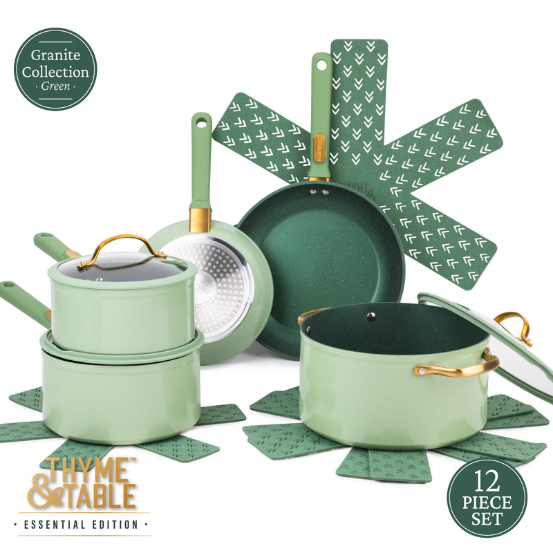 Thyme & Table Non-Stick 12-Piece Granite Cookware Set, Green