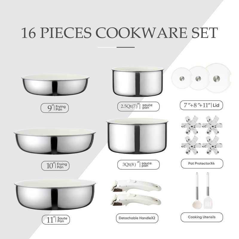 Carote Nonstick Cookware Sets, 16 Pcs Stainless Steel Non Stick Pots and Pans Set