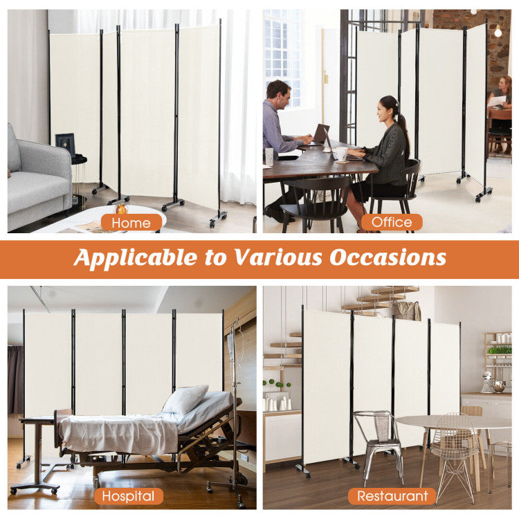 4-Panel Folding Room Divider Privacy Screen with Lockable Wheels