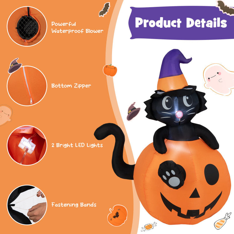 5 Feet Inflatable Halloween Pumpkin with Witch's Black Cat