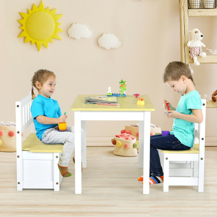 4 Pieces Kids Wooden Activity Table and Chairs Set with Storage Bench and Study Desk