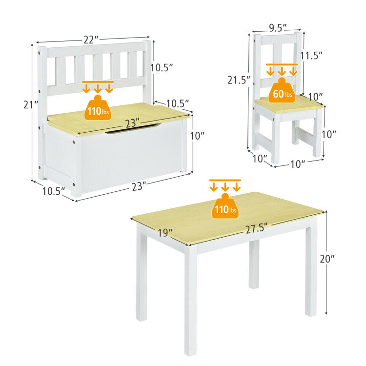 4 Pieces Kids Wooden Activity Table and Chairs Set with Storage Bench and Study Desk