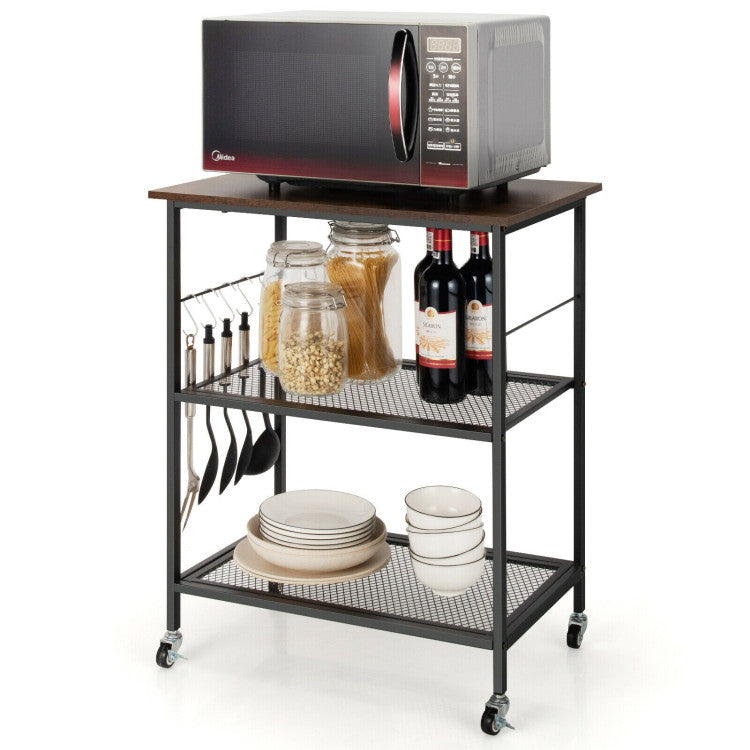 3-Tier Kitchen Serving Cart Utility Standing Microwave Rack with Hooks