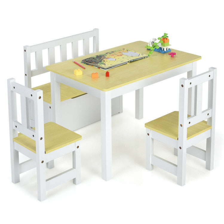 4 Pieces Kids Wooden Activity Table and Chairs Set with Storage Bench and Study Desk