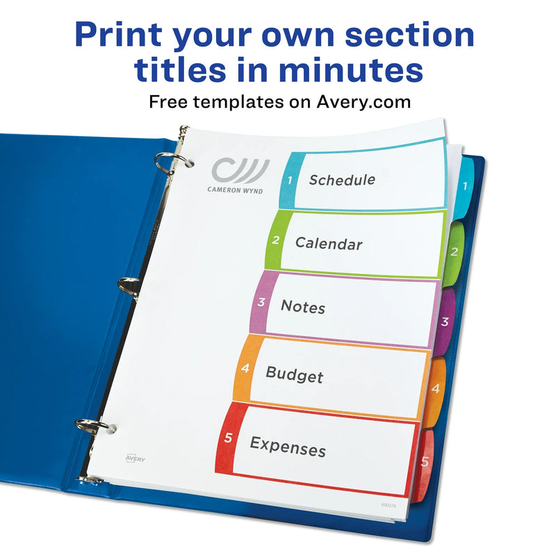 Avery 5 Tab Dividers for 3 Ring Binders, Customizable Table of Contents, Multicolor Tabs, 5 Packs, 5 Sets Total (11840)