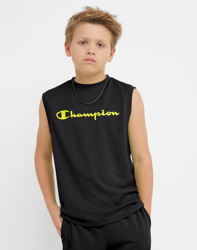 Big Kids' Mesh Crewneck Sleeveless Boys' Tank Top, Script Logo