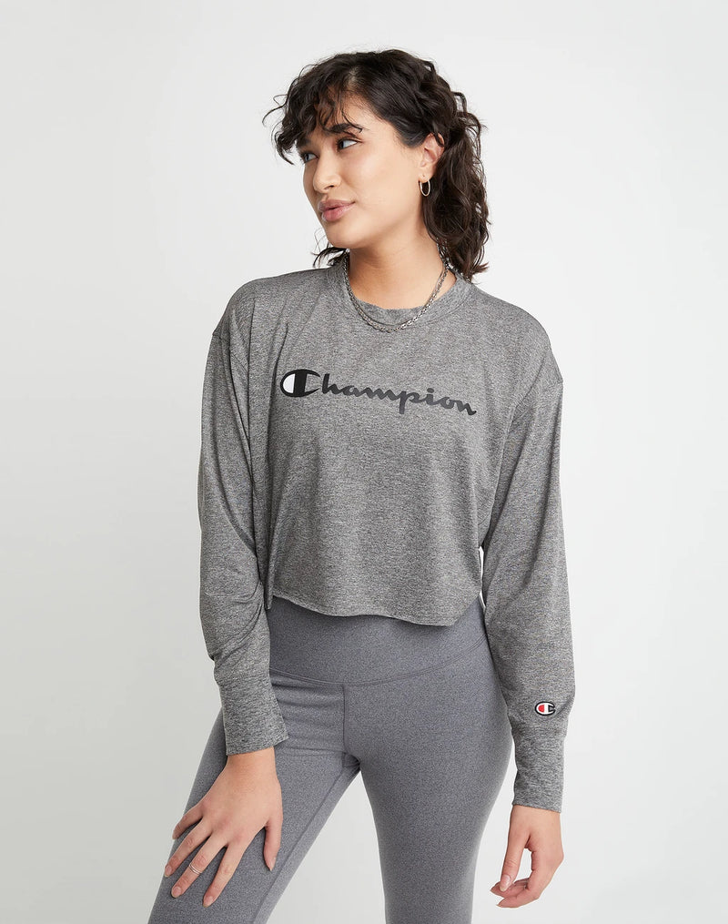 Soft Touch Long-Sleeve Cropped Crewneck T-Shirt, Classic Script