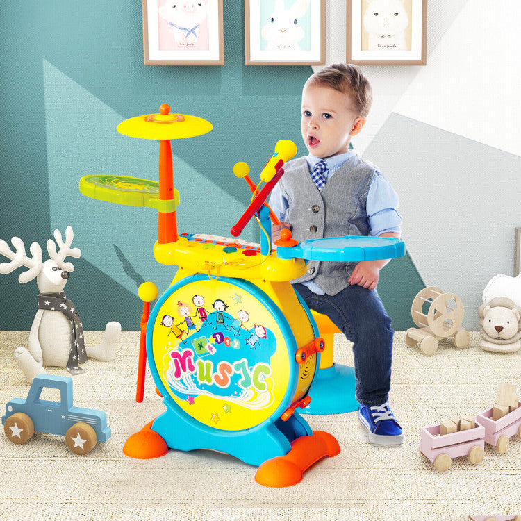 2-in-1 Kids Electronic Drum and Keyboard Set with Stool