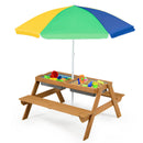 3-in-1 Kids Outdoor Picnic Water Sand Table with Umbrella Play Boxes