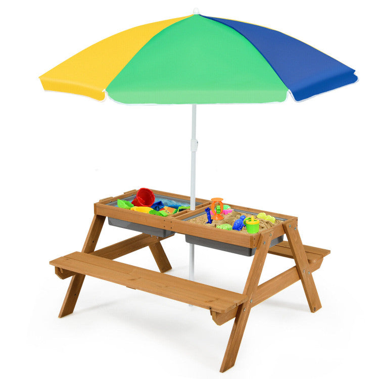 3-in-1 Kids Outdoor Picnic Water Sand Table with Umbrella Play Boxes