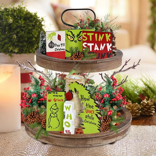 Grinch Tiered Tray Decor,Green Christmas Tree Wooden Signs