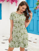 Chiclily Women's Summer Dresses Casual T Shirt Dresses Green Roses Large Short Sleeve Sundress with Pockets