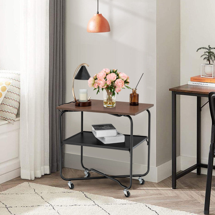 2-Tier End Table with Metal Storage Shelf and Foldable Frame