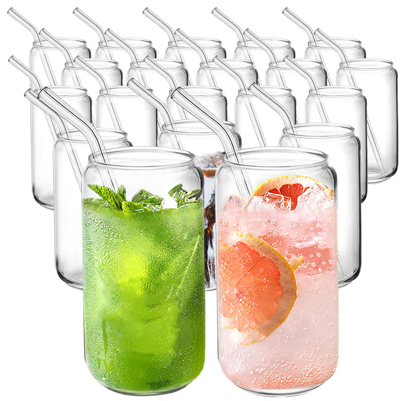 20 Pack Drinking Glasses with Glass Straws 16oz Beer Can Shaped Glass Cans Gift