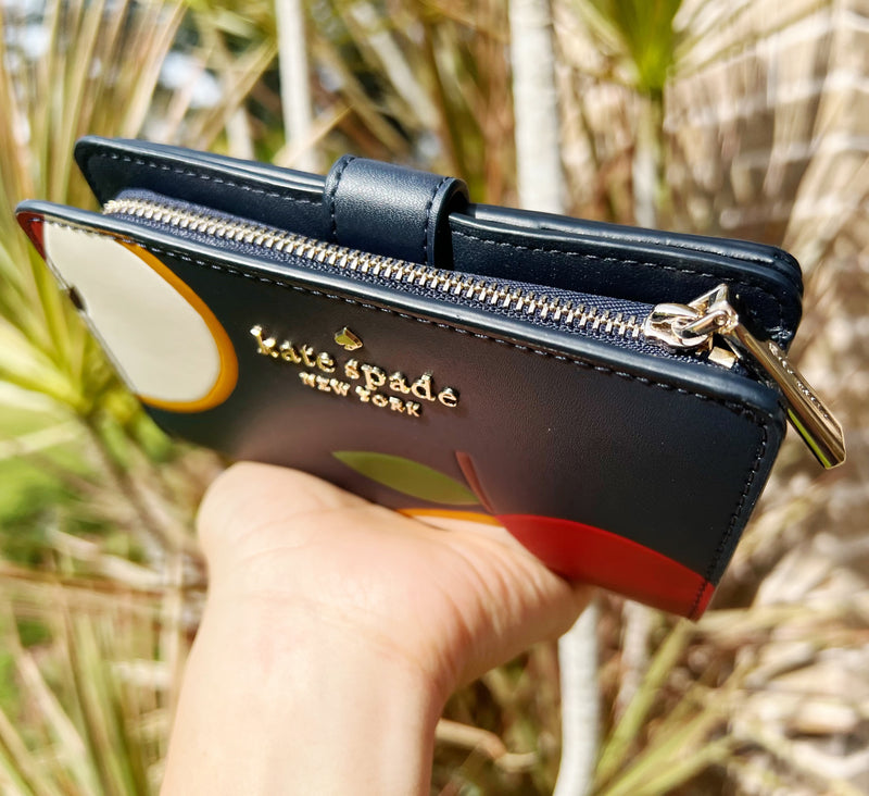 Kate Spade Honeycrisp Apple Medium Compact Bifold Wallet Blue Multi