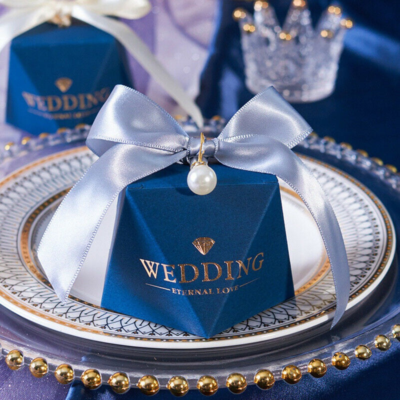 10/50Pcs Navy Blue Diamond Pearl Wedding Party Favour Candy Sweet Gift Boxes
