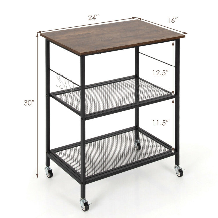 3-Tier Kitchen Serving Cart Utility Standing Microwave Rack with Hooks