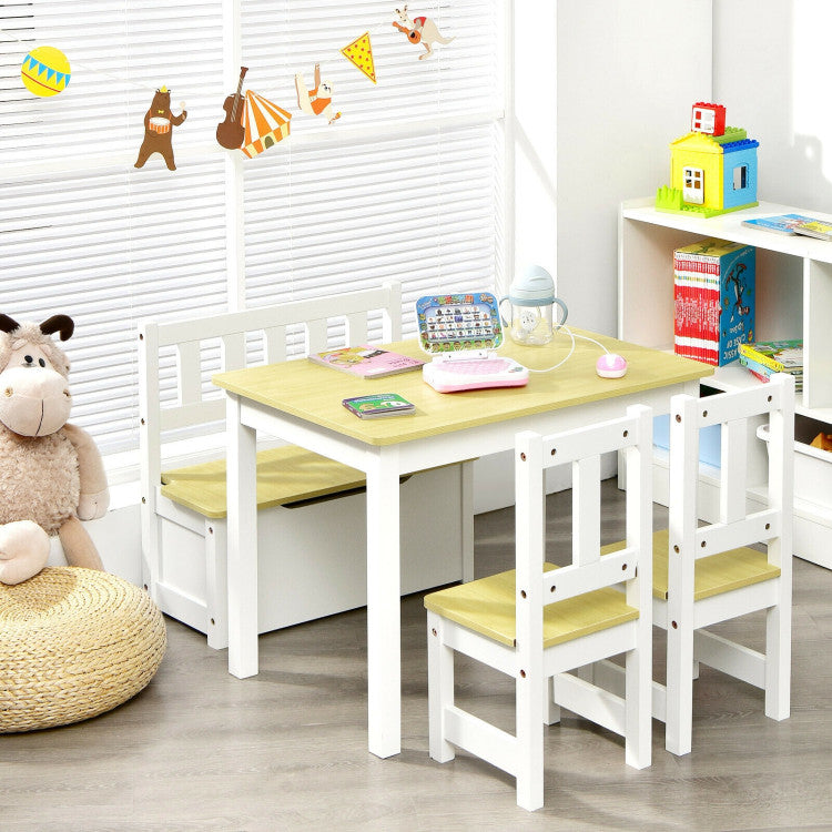 4 Pieces Kids Wooden Activity Table and Chairs Set with Storage Bench and Study Desk