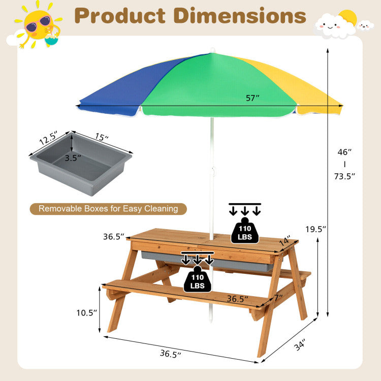 3-in-1 Kids Outdoor Picnic Water Sand Table with Umbrella Play Boxes