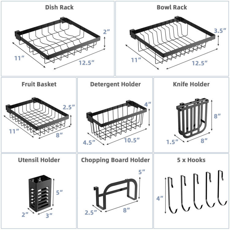 2 Tier Adjustable Over Sink Dish Drying Rack with 8 Hooks