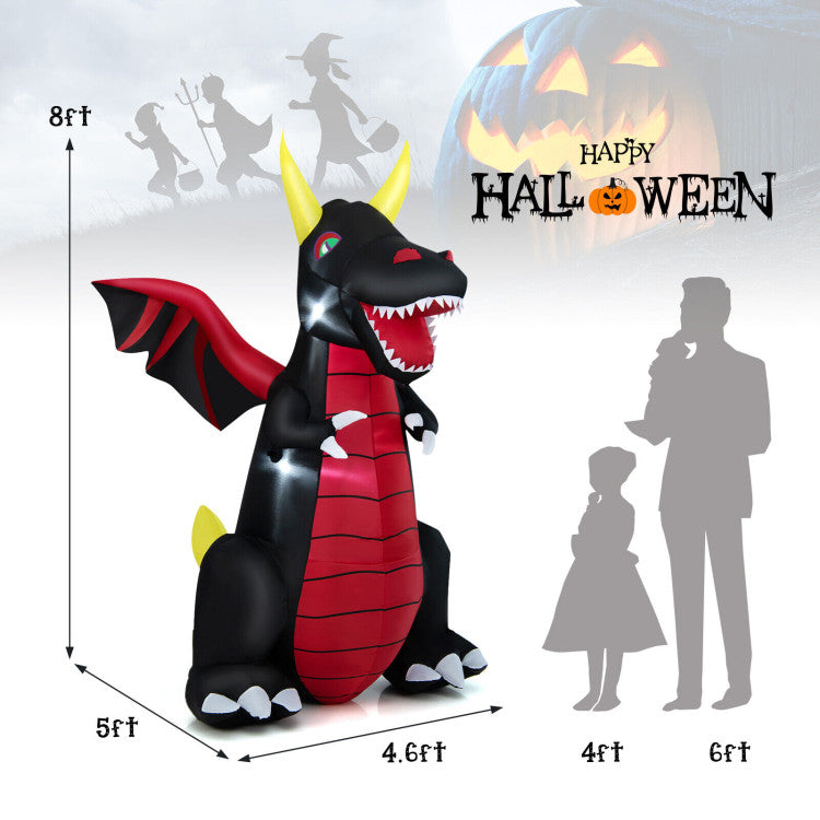 8 Feet Halloween Inflatable Fire Dragon  Decoration with LED Lights