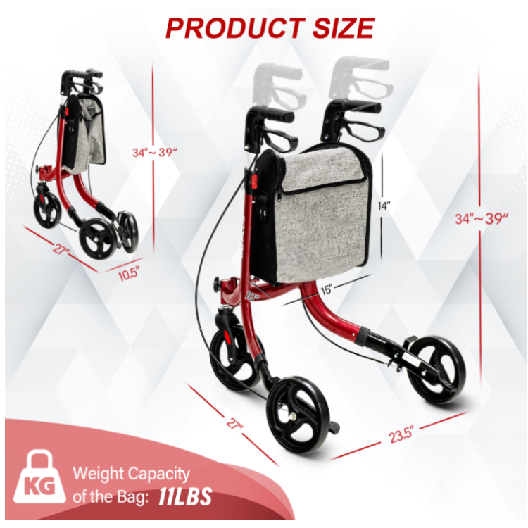 3-Wheel Rolling Walker with Adjustable Handle