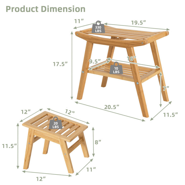 Bamboo Shower Seat Bench with Underneath Storage Shelf