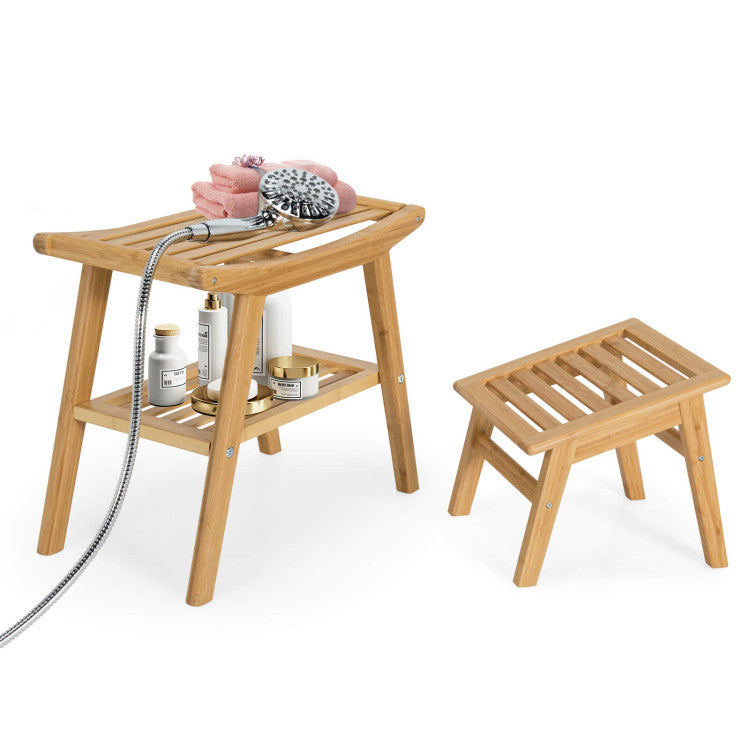 Bamboo Shower Seat Bench with Underneath Storage Shelf