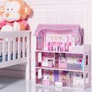 Gymax 28'' Pink Dollhouse w/ Furniture Gliding Elevator Rooms 3 Levels Young Girls Toy