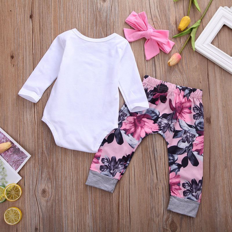Newborn Infant Baby Girl Clothes Tops Romper Flower Pants 3PCS Outfits Set White 0-3 Months