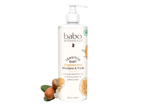 Babo Botanicals Fragrance-Free 2-in-1 Baby Shampoo & Wash - Shea Butter, Calendula & Aloe - EWG Verified, Cruelty-Free, Vegan - Pediatrician Tested - 16 Fl Oz