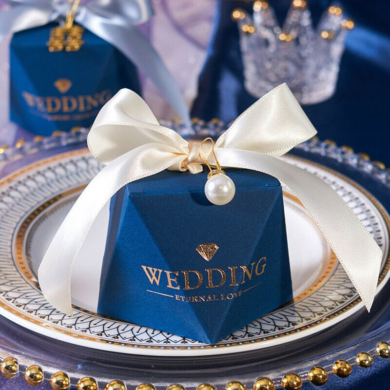 10/50Pcs Navy Blue Diamond Pearl Wedding Party Favour Candy Sweet Gift Boxes