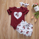 Emmababy Newborn Baby Girl Clothes Ruffle Short Sleeve Romper + Floral Shorts + Headband 3PCS Outfits Set
