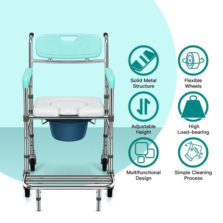 Multifunctional Rolling Commode Chair with Removable Toilet