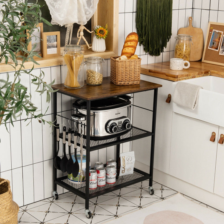 3-Tier Kitchen Serving Cart Utility Standing Microwave Rack with Hooks