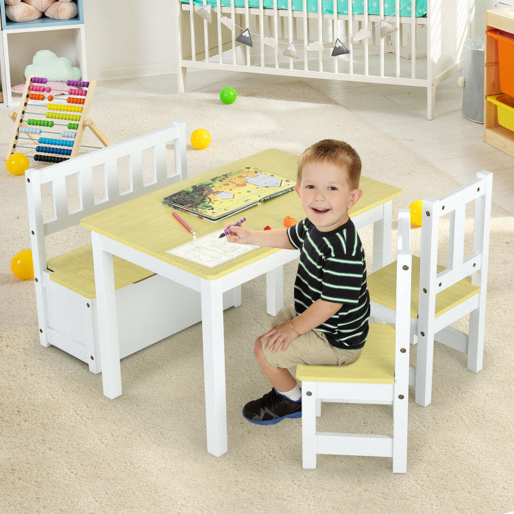 4 Pieces Kids Wooden Activity Table and Chairs Set with Storage Bench and Study Desk