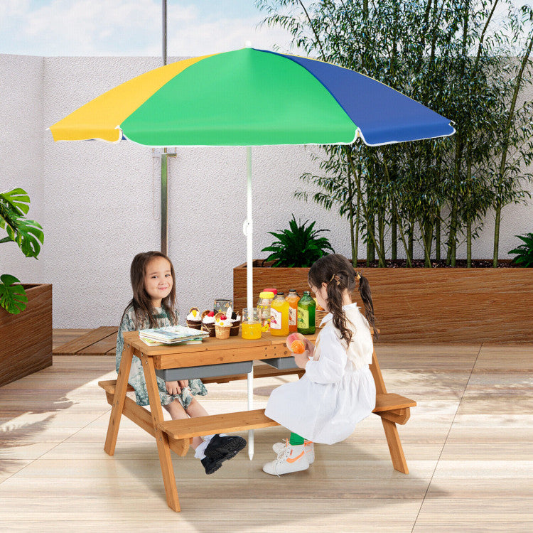 3-in-1 Kids Outdoor Picnic Water Sand Table with Umbrella Play Boxes