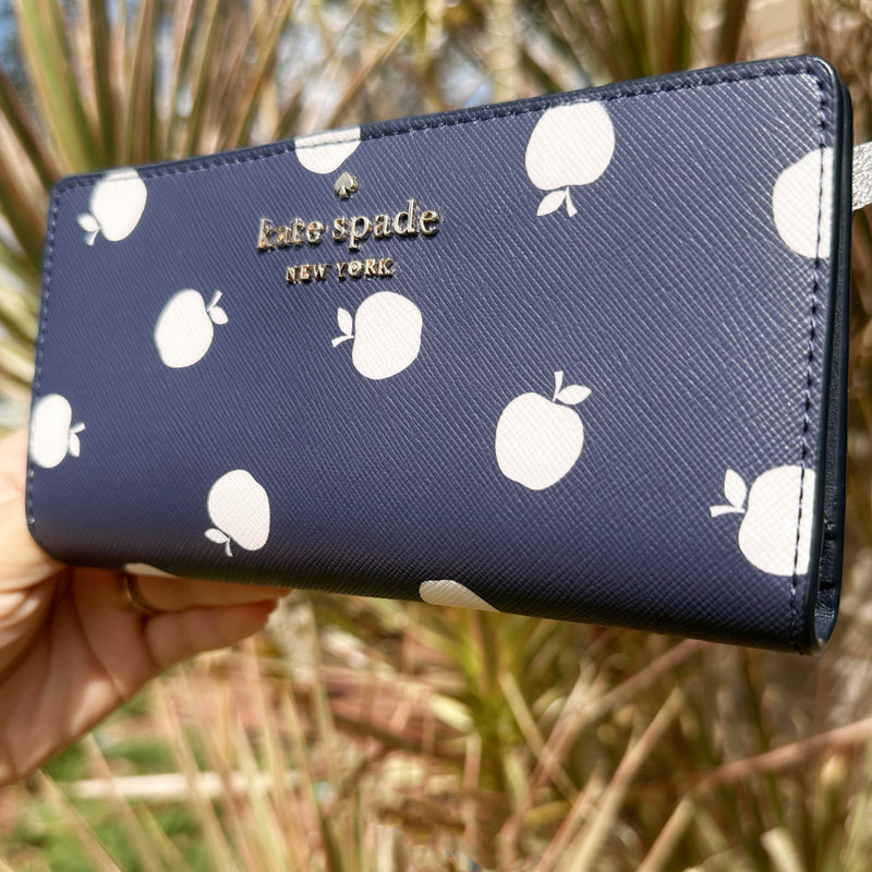 Kate Spade Staci Orchard Toss Print Large Slim Bifold Wallet Blazer Blue