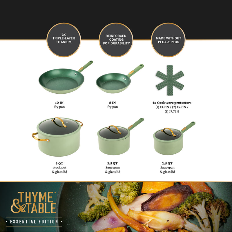 Thyme & Table Non-Stick 12-Piece Granite Cookware Set, Green