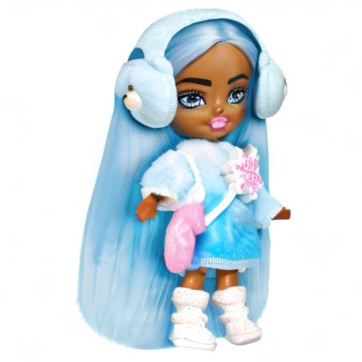 Barbie Extra Mini Minis Travel Doll with Blue Hair, Ombre Sweater Dress, Pastel Earmuffs, Snow Boots & Snow Accessories, 3.25-inch