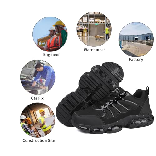 LIANGGO Steel Toe Sneakers for Men Women Safety Composite Toe Shoes Lightweight Work Shoes Indestructible Air Cushion Zapatos de seguridad para Hombres 43 Black